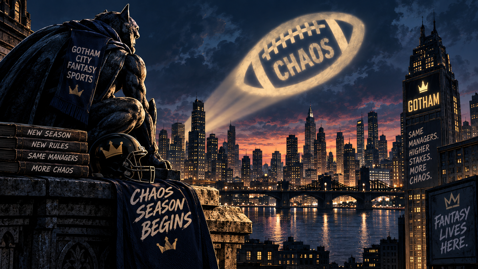Editorial illustration of Gotham fantasy managers entering the Chaos era