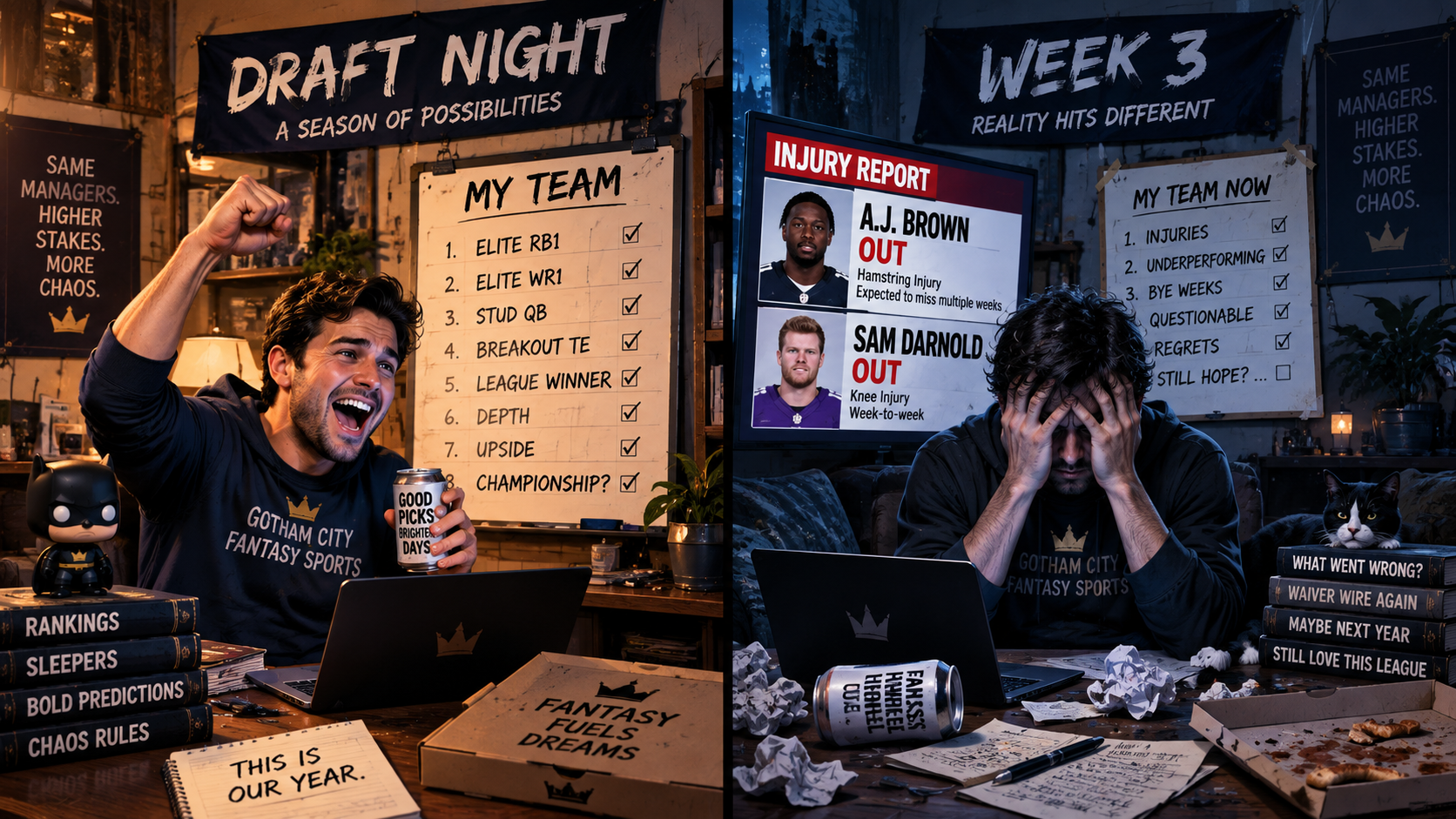 Editorial cartoon contrasting draft-night optimism with late-season fantasy football reality