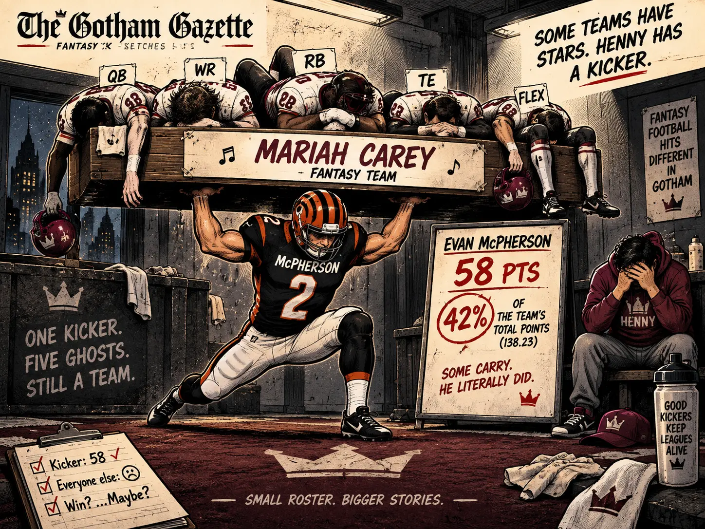 Editorial cartoon showing Evan McPherson carrying Mariah Carey after scoring 58 fantasy points, 42 percent of the team total.