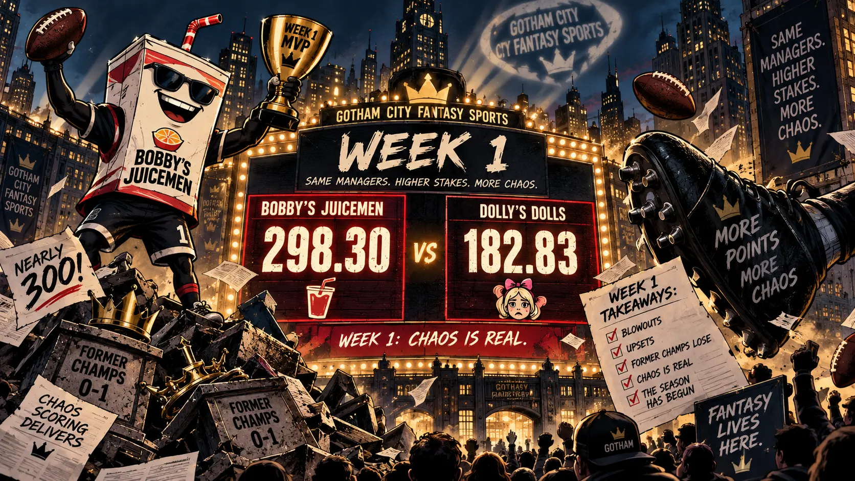 Editorial illustration of Gotham City Fantasy Sports Week 1 chaos, led by Bobby’s Juicemen nearly scoring 300 points.