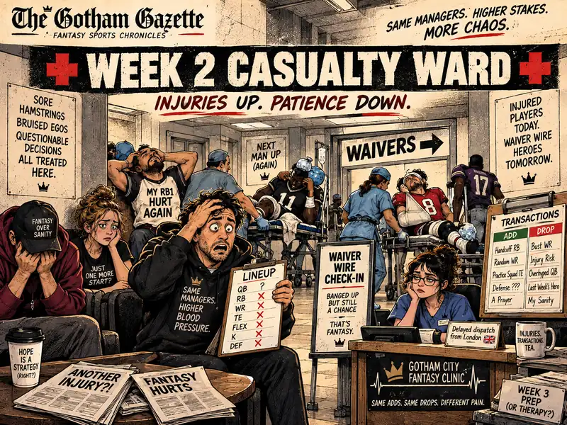 Gotham Gazette editorial cartoon depicting a fantasy football injury ward, waiver wire panic, and a delayed dispatch from London.