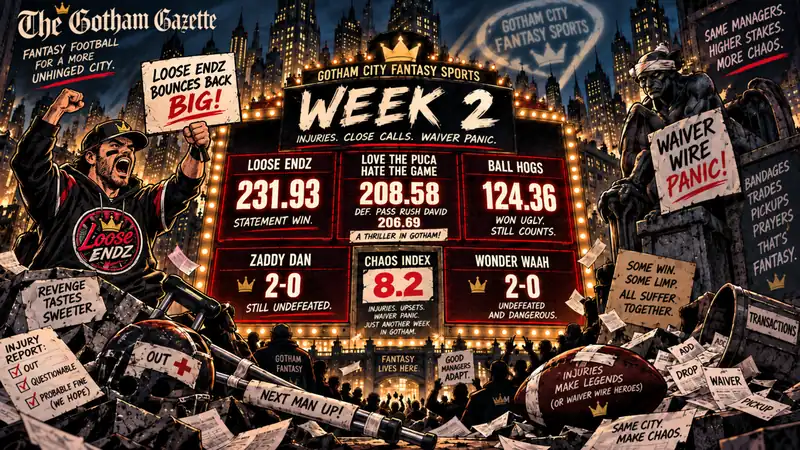 Gotham Gazette Week 2 editorial illustration showing the week's scores, injuries, waiver panic, and an 8.2 Chaos Index.