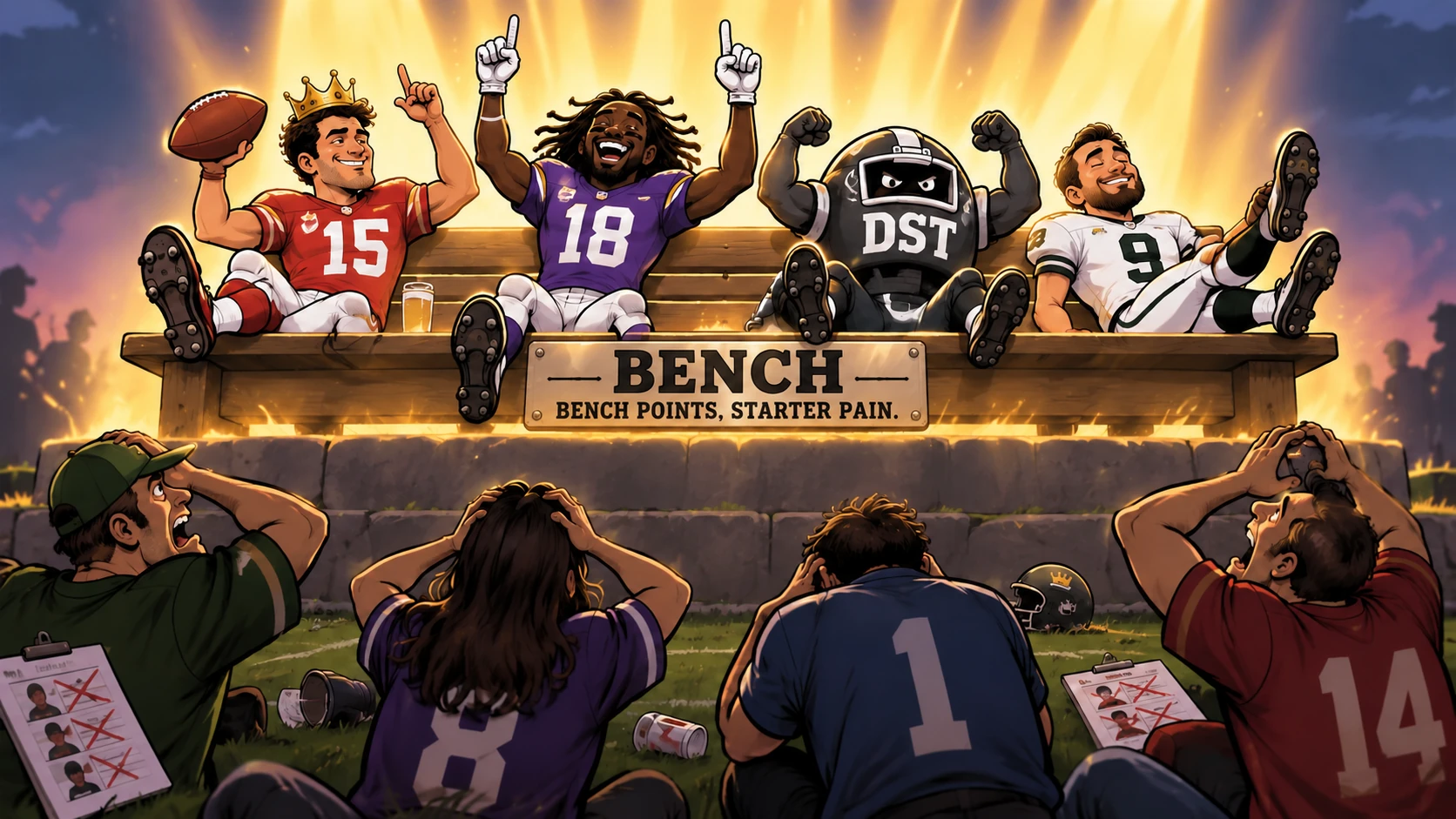 Editorial cartoon showing star players celebrating on a fantasy bench while managers below realize the points were left out of the starting lineup.