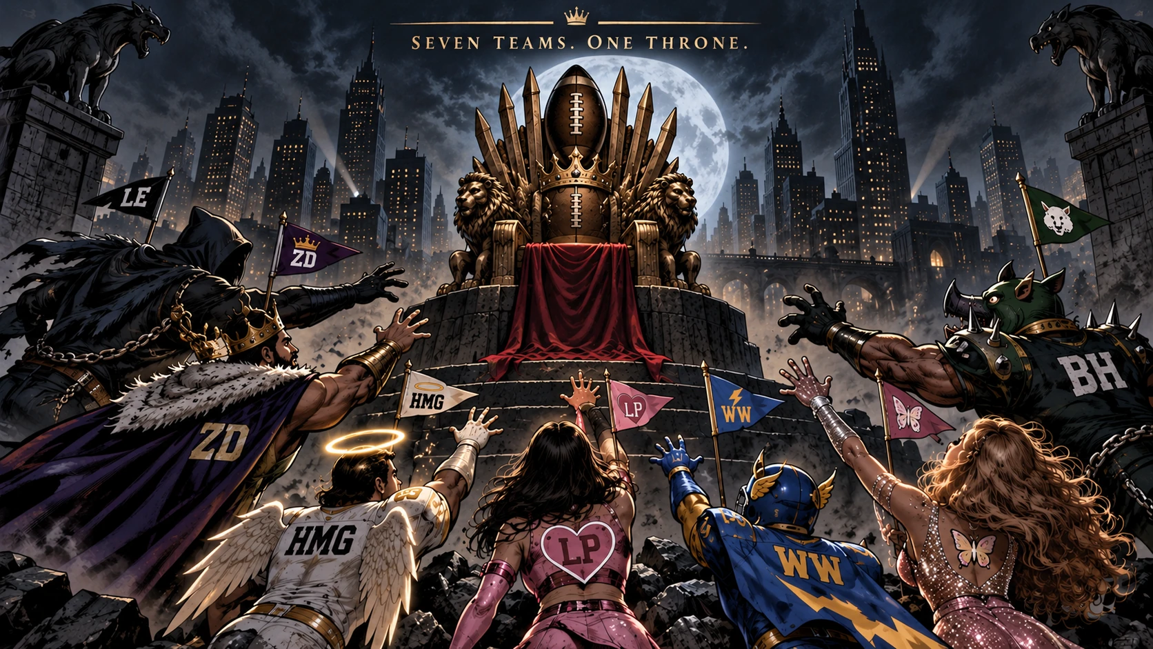 Seven fantasy football contenders reaching toward one football throne in Gotham, representing the seven teams tied at 2-1.