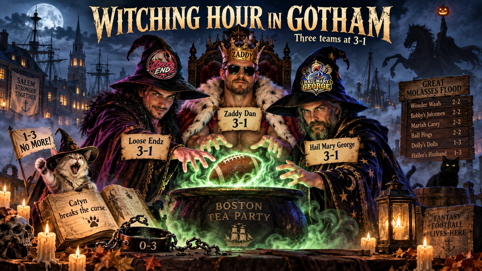 Halloween fantasy football illustration showing Loose Endz, Zaddy Dan, and Hail Mary George as a 3-1 coven around a glowing football cauldron while Catyn breaks the 0-3 curse.