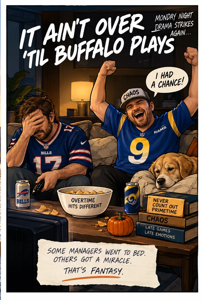 Editorial cartoon showing fantasy managers reacting to a late Monday night Bills and Rams game, with the message that fantasy matchups are not over until the late game ends.