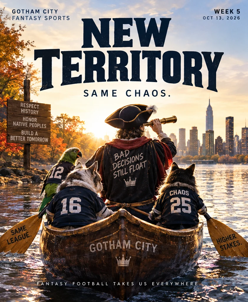 Gotham City Fantasy Sports Week 5 illustration showing a fantasy football voyage into new territory with the message New Territory, Same Chaos.
