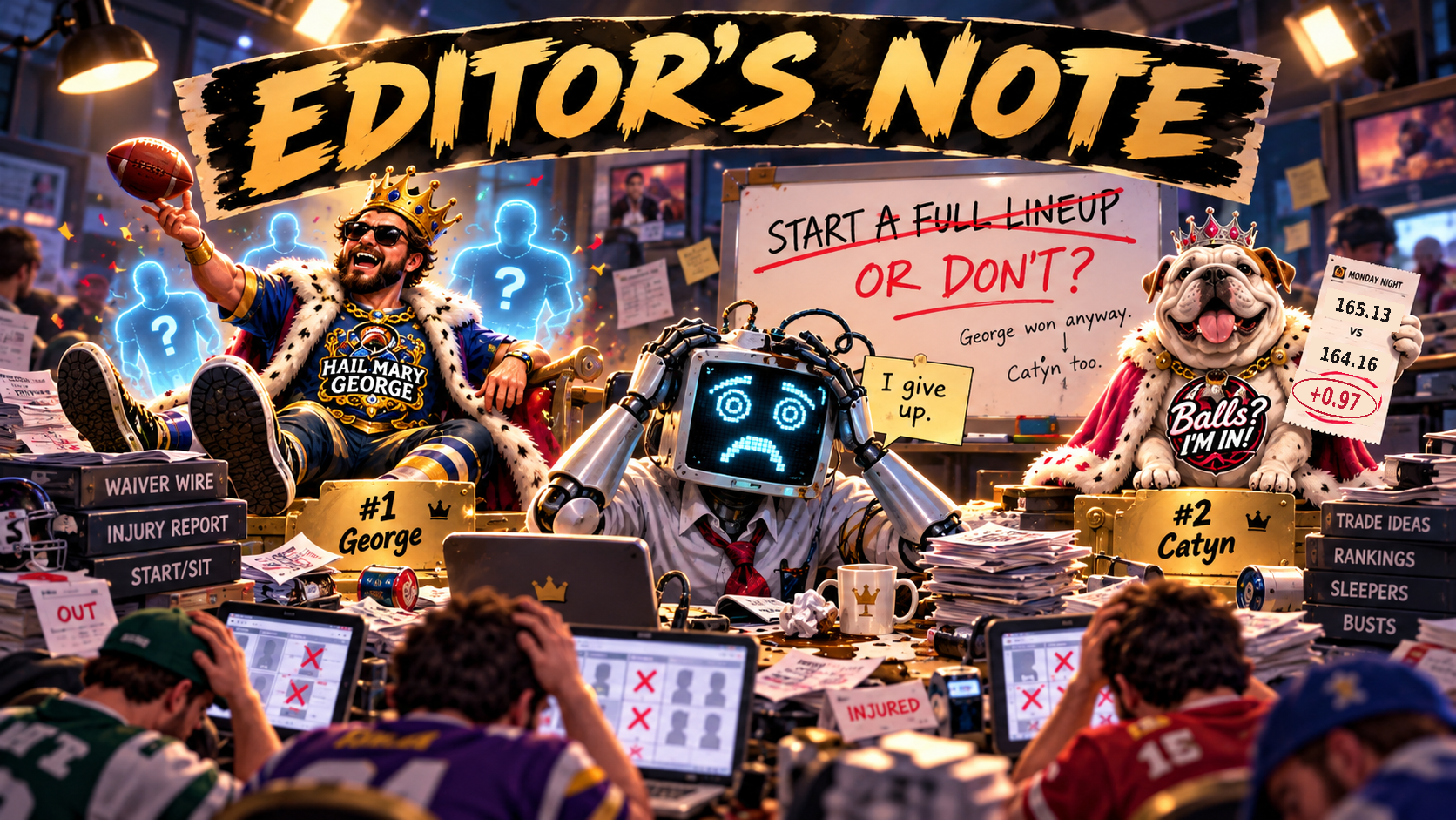 Satirical Editor's Note illustration: George and Catyn receive crowns while an overwhelmed robot editor questions his full-lineup advice. Catyn's final score is 165.13 to 164.16, a 0.97-point win.